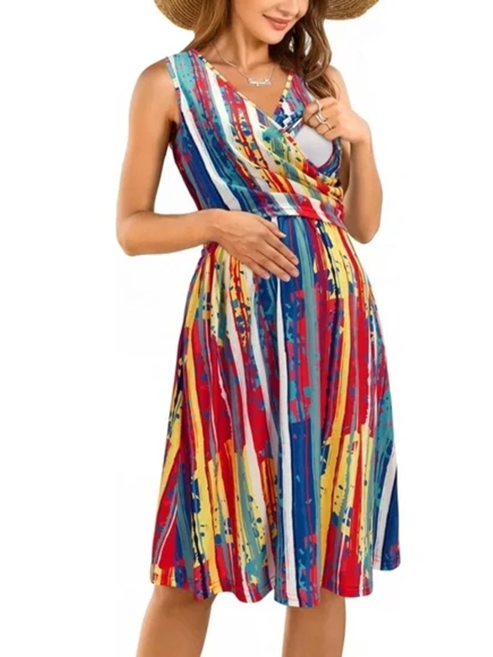 OUGES V-Neck Dress Sleeveless Maternity Nursing Gown Breastfeeding Postpartum